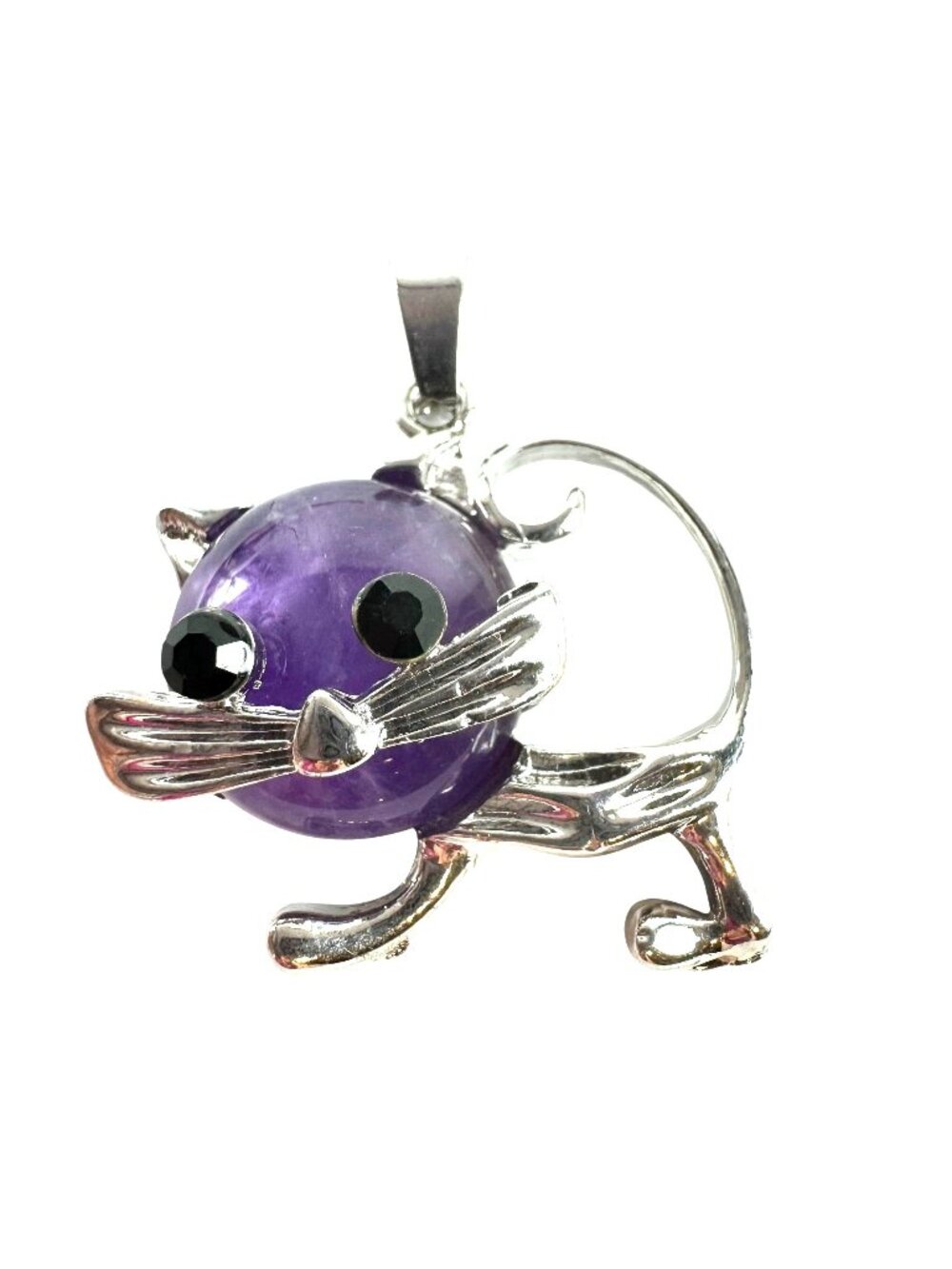 Silver Tone Cat Pendant With Purple Amethyst Gemstone & Black Crystal Eyes